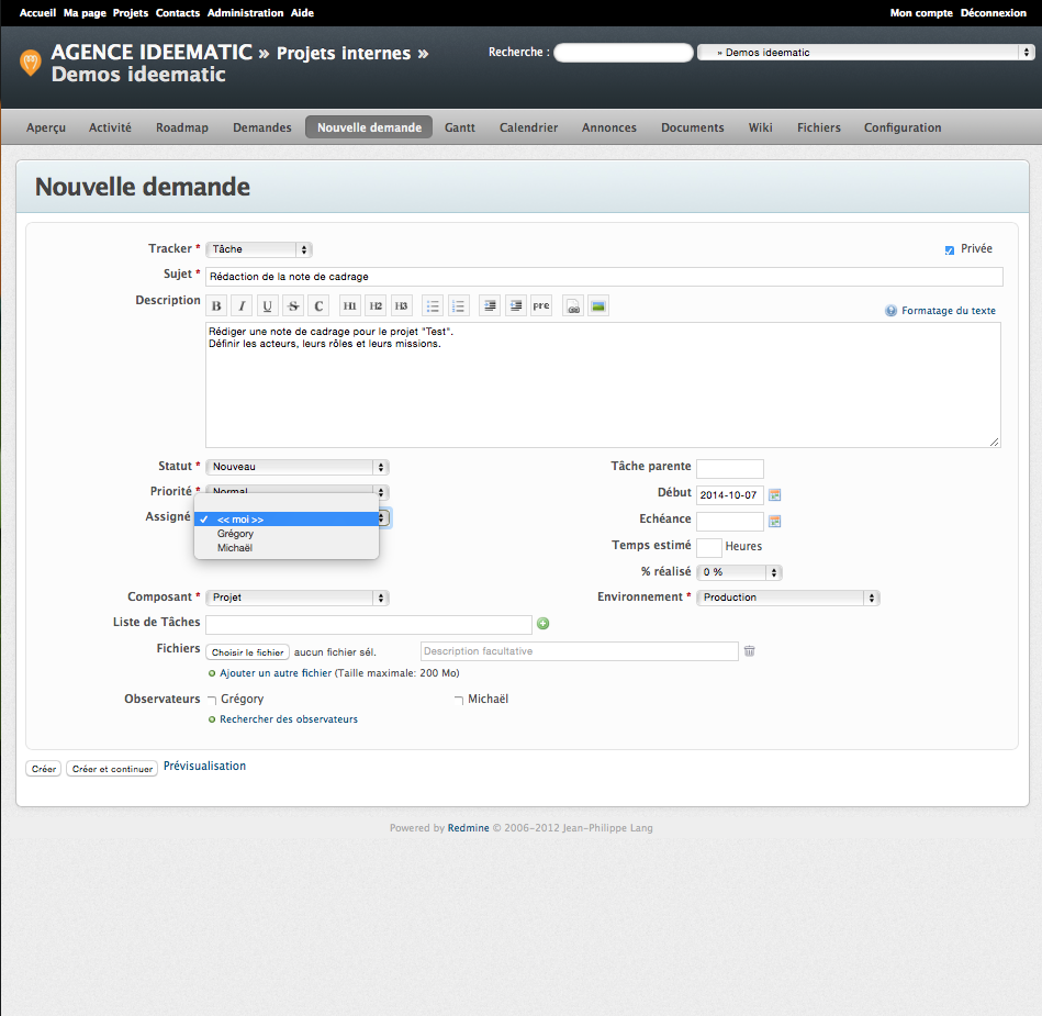 Création et gestion d'une tâche collaborative dans l'application Redmine