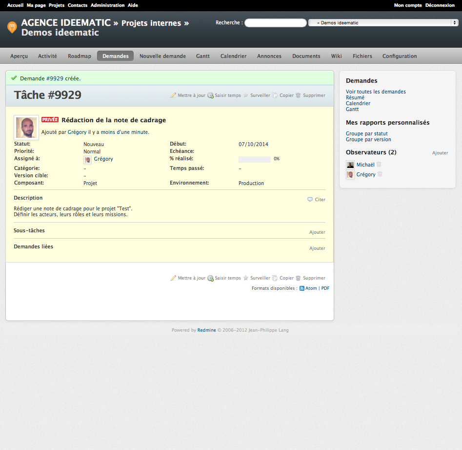 Visualisation du traitement d'une tache dans redmine